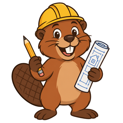 Maskottchen von Hausbauen Info, ein Biber mit Bauhelm